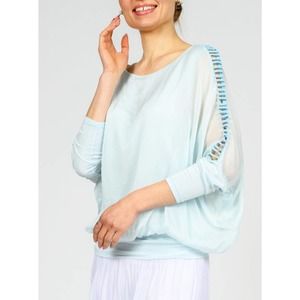 BELLA AMORE Women's Blue Silk Top Size S/M Cutout 3/4 Sleeves Made in Italy NWT